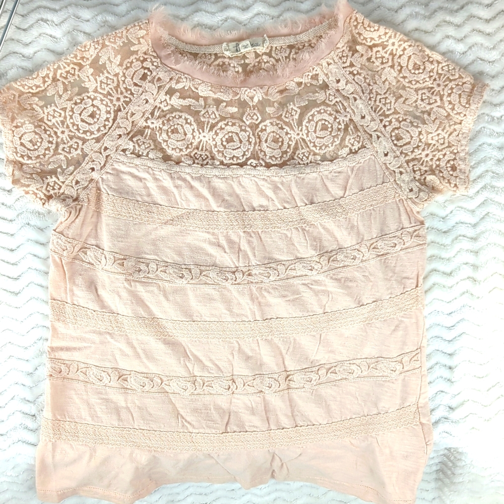 Lili Rose Cotton Embroidered Mesh Yoke Top Blush Sheer Sz S Spring